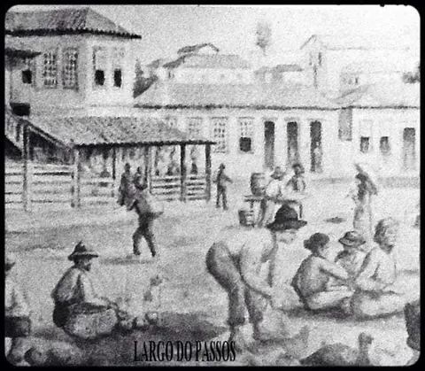 Ilustração da praça nos anos 1860, quando era chamada Largo dos Passos